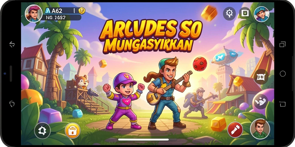 Screenshot gameplay AA62 menampilkan aksi seru dan penuh warna.