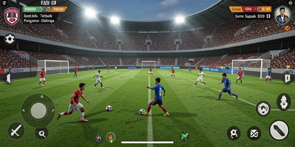 Screenshot dari FA99 menampilkan aksi sepak bola yang mendebarkan.