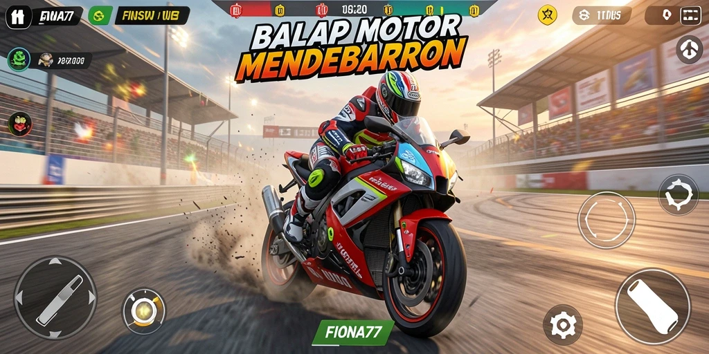 Gameplay seru FIONA77 dengan balapan motor cepat.