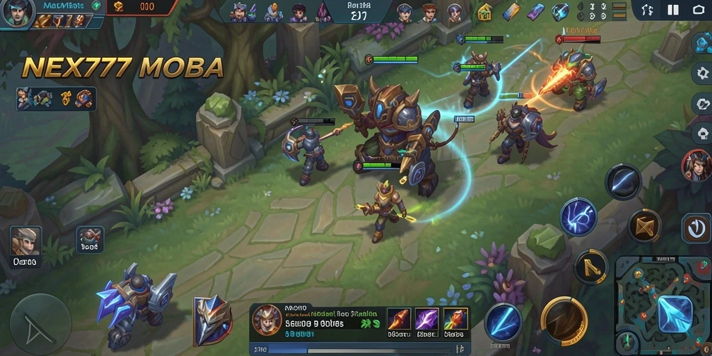 Screenshot gameplay NEX777 menampilkan pertarungan seru antar karakter MOBA.