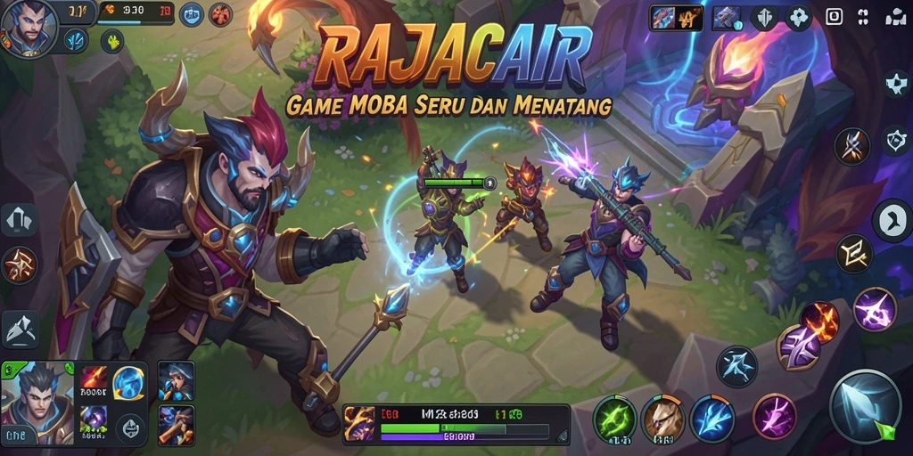 Menampilkan pertarungan intens dalam arena RAJACAIR dengan karakter unik.