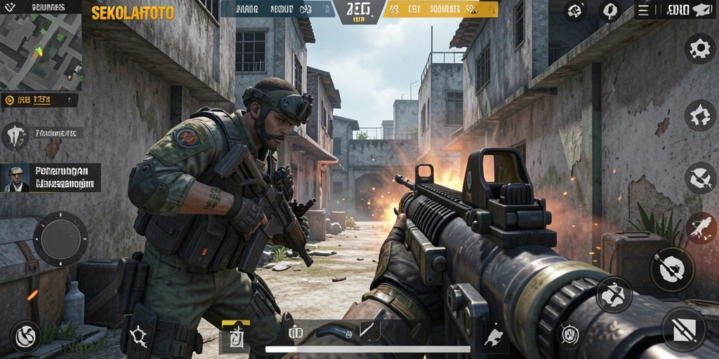 Tampilan gameplay menegangkan di SEKOLAHTOTO dengan aksi FPS yang cepat.