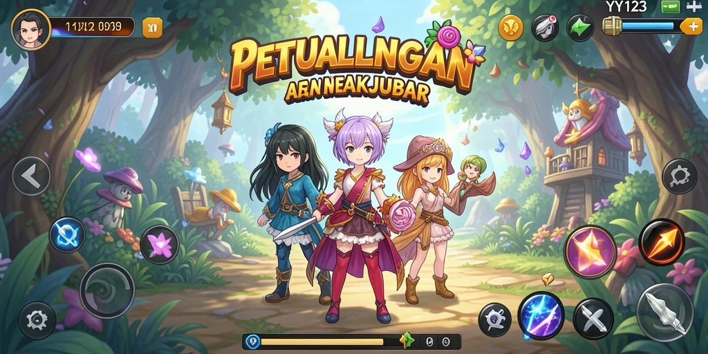 Screenshot gameplay YY123 yang menampilkan aksi karakter Anime yang menegangkan.